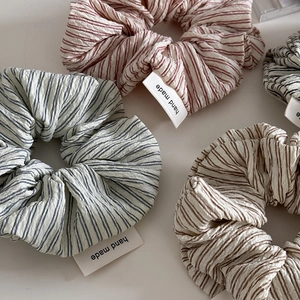 Striped seersucker hair scrunchies set with handmade labels in multiple colors