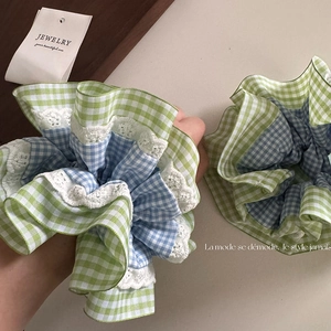 Grands Chouchous Style Coréen Avec Bordure En Dentelle Blanche Doux Élastiques À Cheveux À Carreaux Vert Menthe Et Bleu Filles