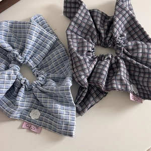 Plaid checkered hair scrunchies with white flower buttons and handmade label, blue and grey