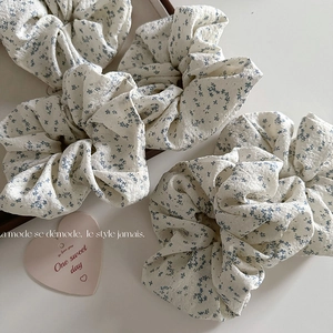 Korean Style Chic Floral Print Fabric Scrunchie Handmade High Elasticity Blue Flower Hair Tie For Women Girls Hair Accessories