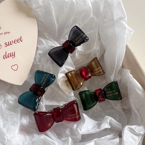 Set of five colorful acrylic bow hair clips with elegant France Handmade gold lettering