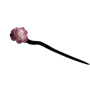 Elegant pink camellia flower hair stick with black wavy wood-style pin for Hanfu styling