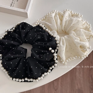 Chouchou Large en Mousseline avec Künstliche Perles et Strass Étoilés Élégant Français Attache Cheveux Queue de Cheval pour Femmes Filles