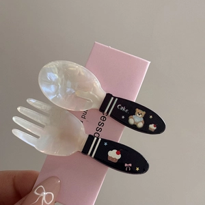 Cute spoon and fork hair clips set with glitter pearlescent texture and cake pattern