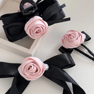 Elegant set with black satin bow hair claw and pink fabric rose with faux pearls