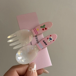 Cute pink fork and spoon hair clips with rabbit and cherry patterns for girls