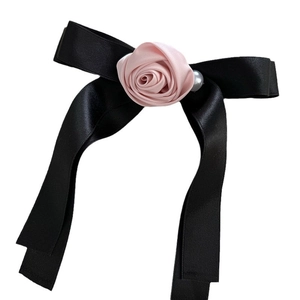 Elegant black satin ribbon hair claw clip with a pink silk rose and pearl accent