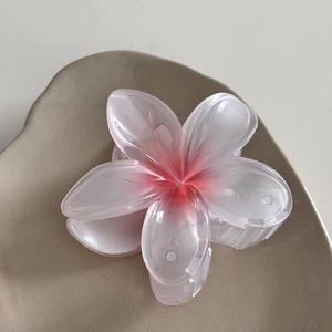 Gros plan sur une pince à cheveux fleur dégradé rose et blanc sur un plateau