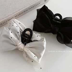 Vintage Elegant Bowknot Polka Dot Mesh Hair Claw For Women Layered Satin Fabric Shark Clip Hair Accessories Hairpin
