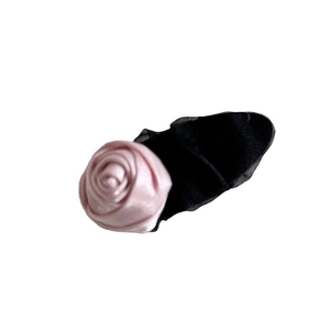 Pink satin rose hair clip with black mesh petals, elegant floral design for women