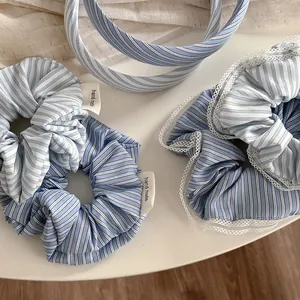Women Korean Style Striped Fabric Hair Accessories Lace Scrunchies Headbands Handmade Blue White Pattern For Daily Wear Fashion Jewelry Gift