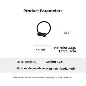 Detail showing dimensions and specifications of the black bow hair tie and resin band