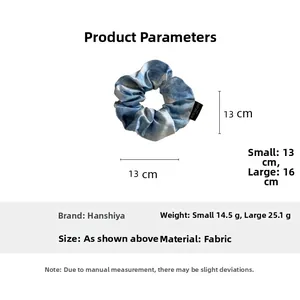 Detailed size chart for blue oil painting satin scrunchies showing small and large options