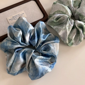 Artistic oil painting style satin scrunchies set in elegant blue and green textures