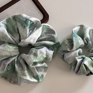 French style satin hair scrunchies with green oil painting marble print in two sizes