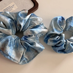 Artistic oil painting satin scrunchie set with blue Impressionist starry pattern style