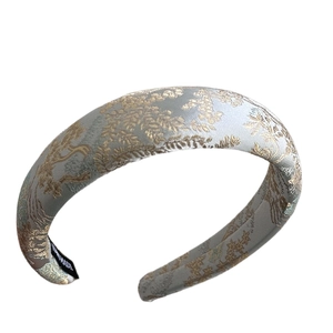 Vintage light blue jacquard headband with gold floral embroidery and high crown design