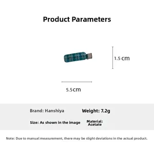 Detail shot of a 5.5cm blue checkered acetate hair clip with specific size measurements