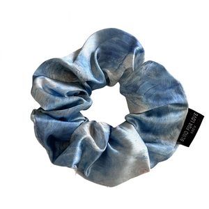 Blue and white marble pattern satin scrunchie with Blind for Love text label