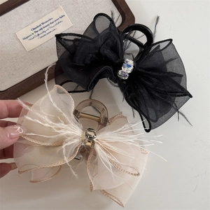 Elegant Korean Sweet Mesh Bow Feather Hair Claw Clip Rhinestones Organza Large Hair Accessory For Women Party Wedding