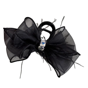 Elegant black mesh bow hair claw clip with feathers and sparkling rhinestones for women