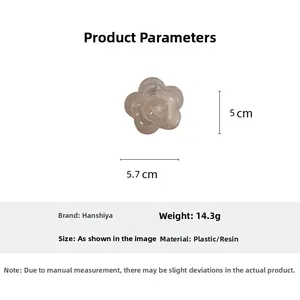 Detail view of a translucent camellia hair claw clip with 5.7cm dimensions for women