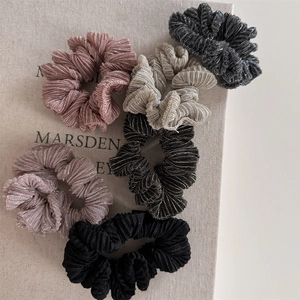 Set of six pleated hair scrunchies with metallic threads in diverse elegant colors