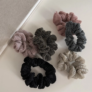 5-piece set of glitter pleated hair scrunchies in grey, black, brown and champagne gold