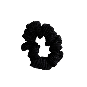 Minimalist black shimmering scrunchie with pleated texture and elastic hair band hair ties