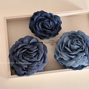 Handmade Oversized Denim Fabric Rose Hair Clip Large Blue Camellia Flower Hair Claw Elegant Sweet Hair Accessories For Women