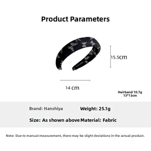 Detailed size specifications of the French black fabric headband with white butterfly pattern