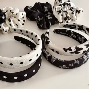 French Style Satin Hair Accessories For Women Black White Polka Dot Butterfly Print Headband And Scrunchie Elegant Hairband