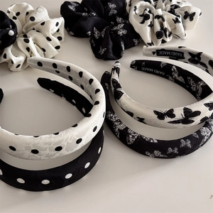 French style black and white polka dot and butterfly print headband hairband set