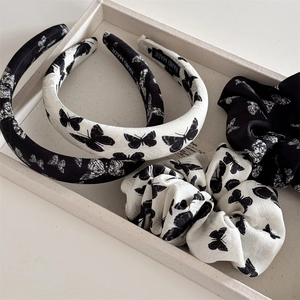 Handmade French style black and white butterfly print headbands and scrunchies set