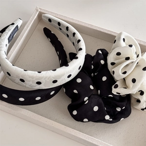 French style black and white polka dot headband and scrunchie set in satin fabric