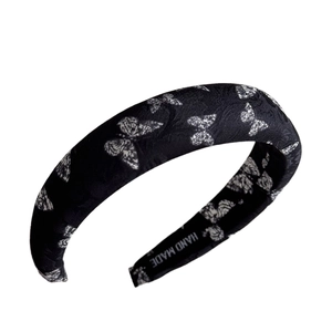 French style black and white butterfly pattern wide padded headband with handmade textile texture