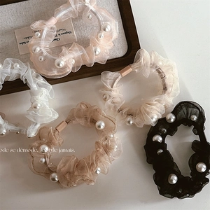 Elegant Organza Artificial Pearl Scrunchie Large Mesh Hair Tie High Elastic Ponytail Holder For Women Sweet Style Hair Accessory