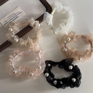 Elegant organza hair scrunchies with faux pearls in white, champagne, pink and black