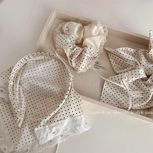 French Vintage Cream Polka Dot Satin Hair Scrunchie With Lace Edge Sweet Ribbon Bow Hair Ties Bandana For Women Accessories