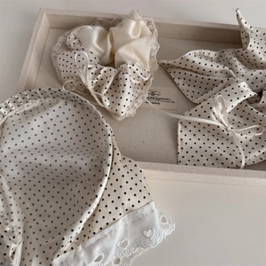 French retro cream satin hair accessories set with polka dots and delicate lace edges