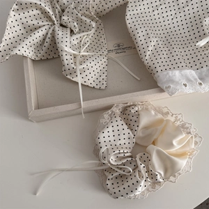Polka dot lace scrunchie with ribbon bow in creamy white satin for women