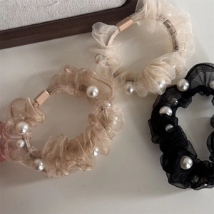 Three-color organza scrunchies with white pearls in ivory, champagne and black