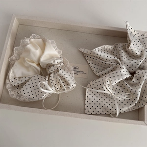 Polka dot lace hair tie set in cream satin with vintage floral ribbon accessories