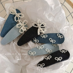 Süße Blaue Denim Stoff Schleife Haarspange Mit Künstlichen Künstliche Perlen Verzierung Koreanischer Stil BB Druckknopf-Spange Für Damen