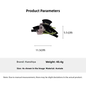 Detailed dimension view of acetate calla lily hair claw clip, 11.5cm long and 40.4g weight