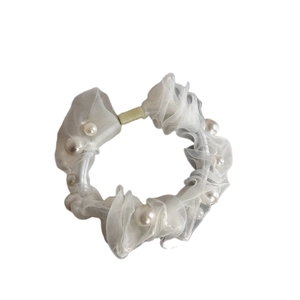 Elegant white organza scrunchie with faux pearls and pleated layered design
