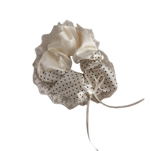 Polka dot lace scrunchie with ivory satin fabric and elegant ribbon bow design