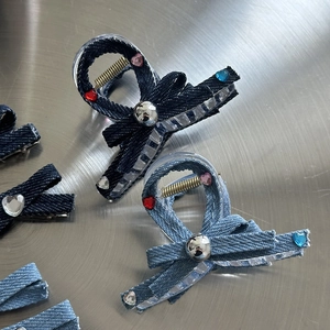 Y2K denim fabric hair claw clip with heart rhinestones in light and dark blue styles