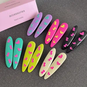 Korean Style Alloy Heart Bow Printed Duckbill Hair Clips Cute Sweet Colorful Side Hair Pins Hair Accessories For Women Girls