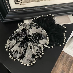 Vintage French Large Lace Floral Embroidery Scrunchies With Faux Artificial Pearl Elegant Hair Ties Elastic Hair Bands For Women